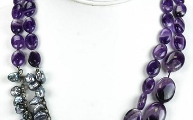 Handmade Double Strand Amethyst & Pearl Necklace