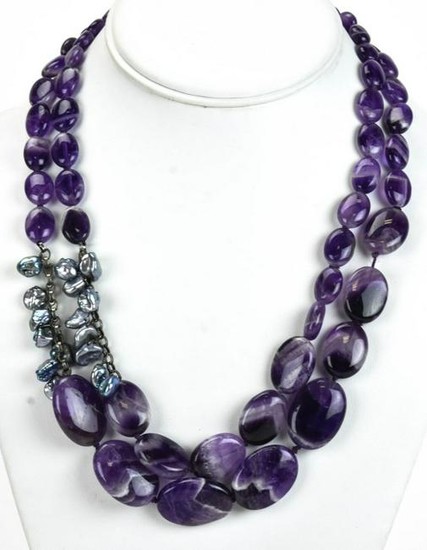 Handmade Double Strand Amethyst & Pearl Necklace