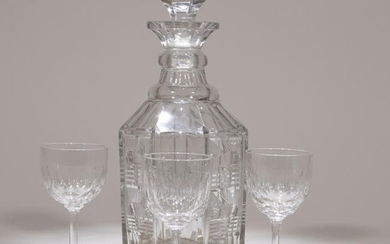 Heavy Art Deco Crystal Glass Decanter & Three Glasses