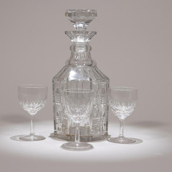 Heavy Art Deco Crystal Glass Decanter & Three Glasses