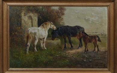 Henry Schouten (Belgian, 1857/62-1927), "Horses Pasturing Near a Fountain," H.- 19 3/4 in., W.- 29