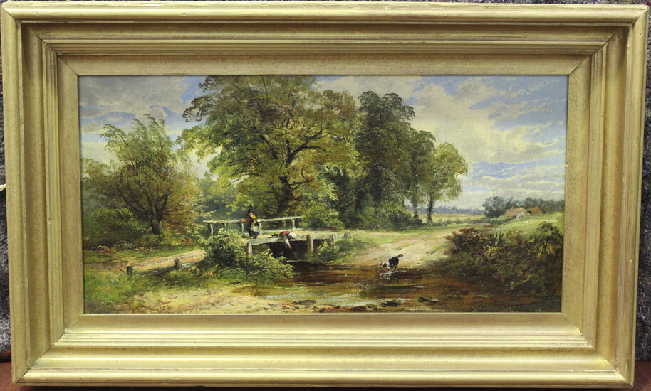Herbert Bond - Figures on a Bridge in a Rustic Landscape, 19th century oil on canvas, signed, 25cm x