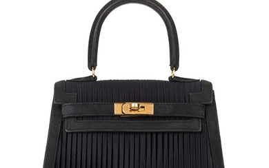 Hermès Vintage Black Mini Sellier Kelly 20cm of Pleated Satin and Doblis Suede with Gold Hardware