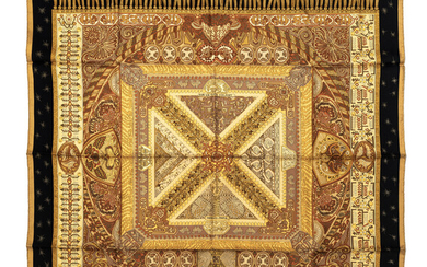 Hermès, carré en twill de soie imprimé: Sur un tapis volant, fond doré, 90x90 cm