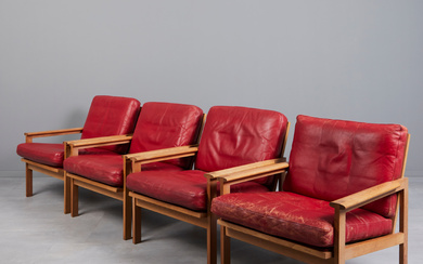 ILLUM WIKKELSØ. for Niels Eilersen, four armchairs/lounge chairs, oak, leather, 1970s, Germany (4).