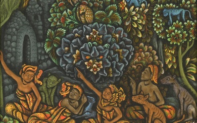 Ida Bagus Made Togog (1913-1989) 'Balinese legend', signed lower centre, tempera on canvas. H. 29.5 cm. W. 26.5 cm.