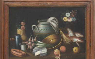 Ignoto "Natura morta con pesci, vasellame, verdura, fiori e formaggio" antico dipinto ad olio su tela (cm 61,5x82,5). In cornice...