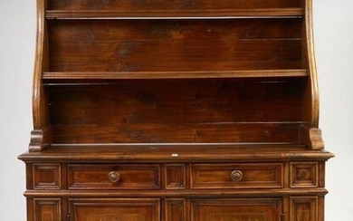 Important carved walnut chest of drawers and light wood marquetry with "Vases of plants and chimeras" decoration composed of a shelf - chest of drawers in the upper part surmounting two drawers in belt and opening by two inlaid doors in the lower part...