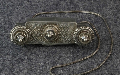 India, Karnataka, silver necklace with square lingam casket,...