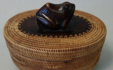 Indonesian Woven Basket, Carved Frog Totem Finial