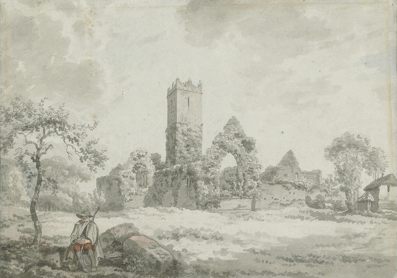 Irish School, 1826, An unidentified church, with a figure seated on a wall in the foreground