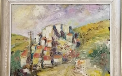 Italian oil on canvas painting of a village scene (with arti...