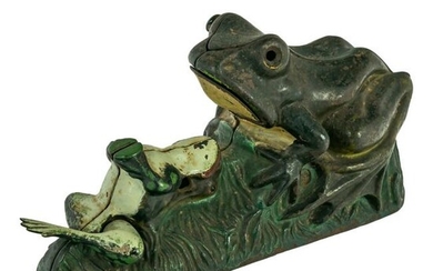 J & E Stevens Two Frogs Cast Iron Mechanical Bank