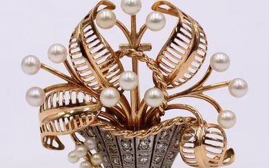 JEWELRY. Vintage Gold & Gem Floral Basket Brooch.