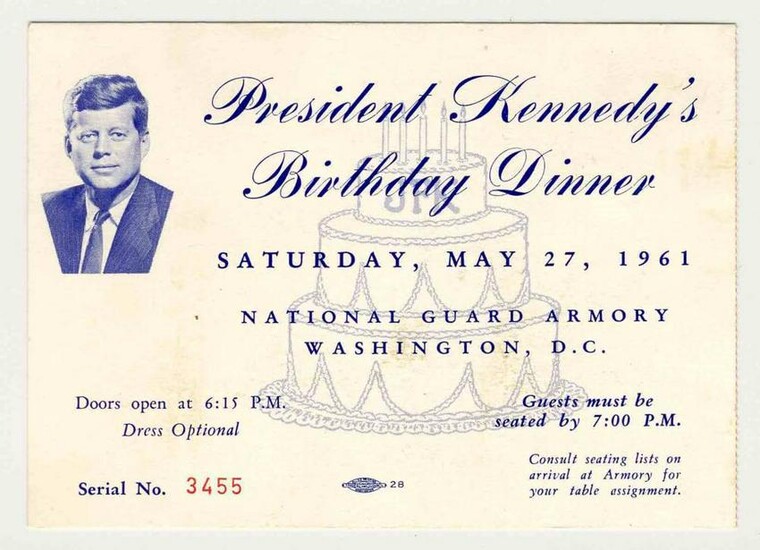 JFK Ticket to 1961 Birthday Gala Hosted by Democratic