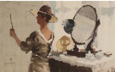 *JOHN YARDLEY (b. 1933) A study of a woman trying on hats in...