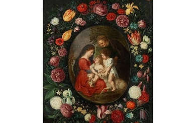 Jan van Kessel d. Ä., um 1626 – 1679, zug., MARIA MIT DEM KIND, DER HEILIGEN ANNA UND DEM JOHANNESKNABEN IM BLUMENKRANZ