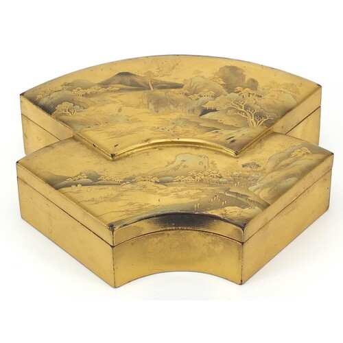 Japanese Makie lacquer box and cover decorated with with lan...