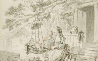 Jean-Baptiste le Prince, French 1734-1781- Mère et enfants dans le jardin; pen and brush and grey black ink with touches of watercolour on paper, 15 x 18 cm. Provenance: With Thomas Agnew & Sons, London [no. 25023].