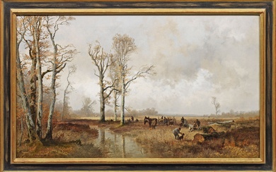 Joseph Wenglein (1845 Munich - 1919 Bad Tölz) Paysage d'automne avec des chasseurs au repos...