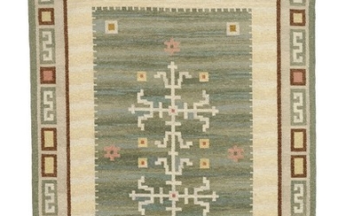 Karl Dangel: Handwoven wool carpet in “rölakan” flatweave technique with polychrome geometric pattern in shades of red, green and yellow with white elements.