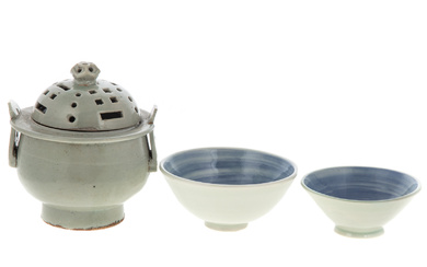 Korean Celadon Porcelain Censer & Two Bowls