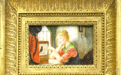 Kuehl, Gotthardt, Junge Frau am Fenster, mit einem Vogel spielend