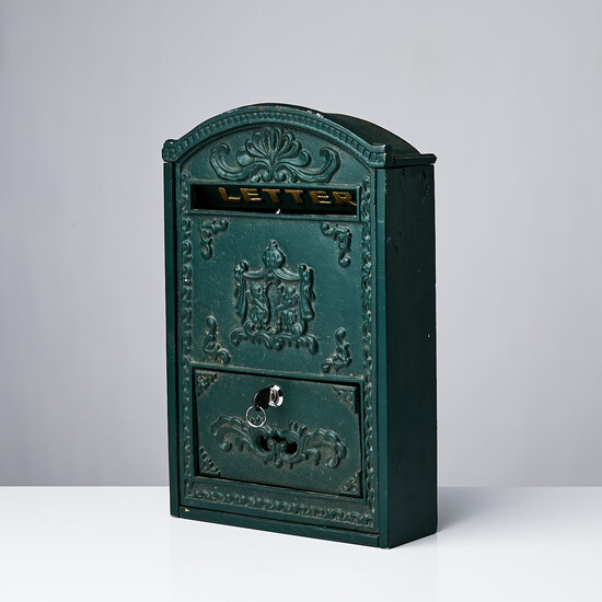 LETTER BOX, late 20th century, based on older model, painted cast iron and wood.