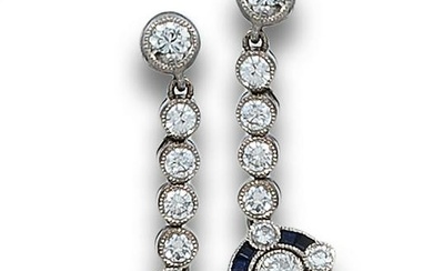 LONG EARRINGS, ART DECO STYLE, DIAMONDS, SAPPHIRES AND WHITE GOLD