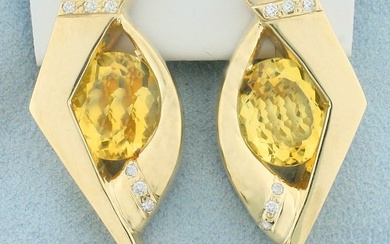 Large Abstract Design Citrine and Diamond Earrings in 14k Yellow Gold