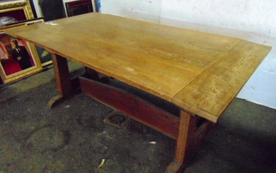 Large arts & crafts mission oak table, stretcher base