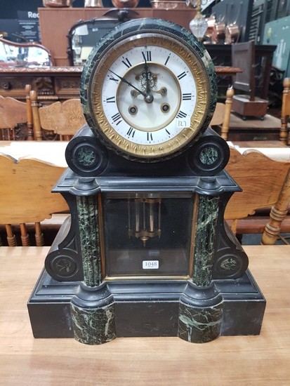 Late 19th Century French Black Slate & Serpentine Marble Mantle Clock, with white recessed enamel dial & visible anchor escapement,...