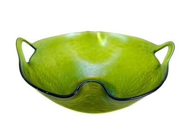 Loetz Austria Green Iridescent Art Glass Martele Bowl