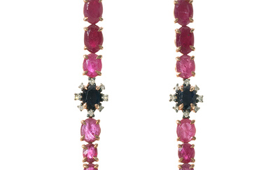 Long earrings with sapphire, rubies and diamonds
