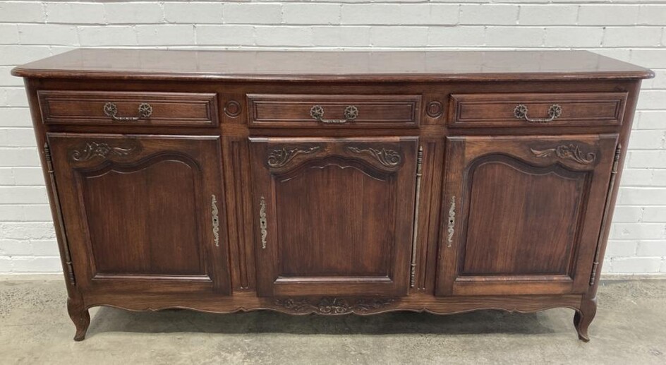 Louis XV Style Oak Sideboard, with parquetry top, three drawers & three carved panel doors (H107 x W207 x D53cm)