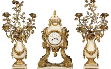 Louis XVI Style White Marble Clock Garniture