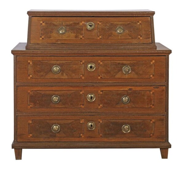 Louis XVI chest of drawers with drawer top around 1800, oak and walnut burl, two-part: three-drawer chest on tapered square legs + 1 attached drawer with sloping front in the style of a slanted flap secretary, the drawer fronts with inlaid walnut burl...