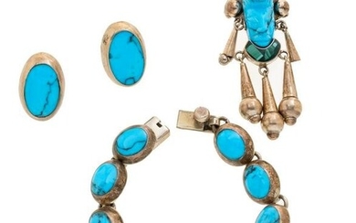 Mexico 925 Sterling & Turquoise Bracelet, Earrings & Pendant 4 Pcs. L 7”