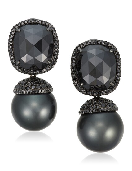 MISH CULTURED PEARL AND TREATED COLORED DIAMOND 'TORTUGA' EARRINGS