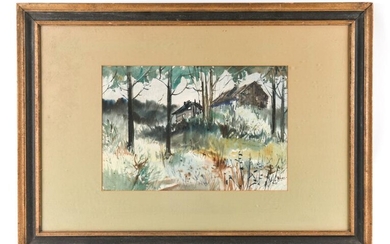MODERNIST WATERCOLOR CABIN IN WOODS, SIGNED
