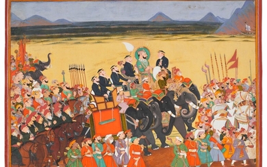 Maharao Ram Singh II of Kota (r.1827-66) in procession with a delegation of British officers, ascribed to Lacchi Ram, India, Rajasthan, Kota, circa 1850