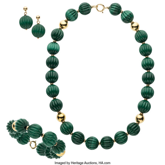 Malachite, Gold Jewelry Suite Stones: Malachite beads Metal: 14k...