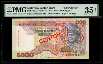 Malaysia, 500 ringgit, ND(1989), specimen, serial number ZW0000000, (Pick 33As)