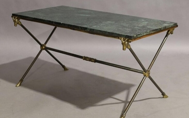 Manner of Maison Jansen, a French coffee table, circa 1960, the rectangular green marble top on gun metal and brass supports with rams head terminals on hoof feet, 44cm high, 85cm wide, 45cm deep