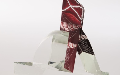 Mares, Jan, "Labil", objet en verre, conçu comme un voilier, cristal incolore avec partie de...