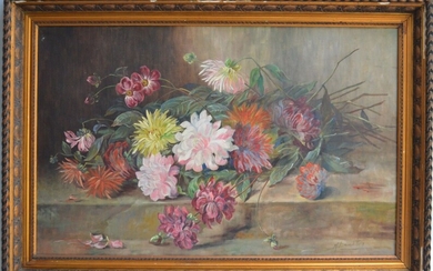 Marthe DANARD PUIG (XIX-XXème) Jeté de fleurs Huile sur toile signée en bas à droite...