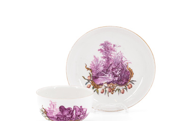 Meissen | PORCELAIN CUP AND SAUCER WITH HUNTING SCENES IN PURPLE CAMAIEU