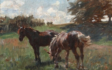 SOLD. Michael Therkildsen: Scenery with horses. Signed and dated M Th, 14. Oil on canvas. 37 x 47.5 cm. – Bruun Rasmussen Auctioneers of Fine Art