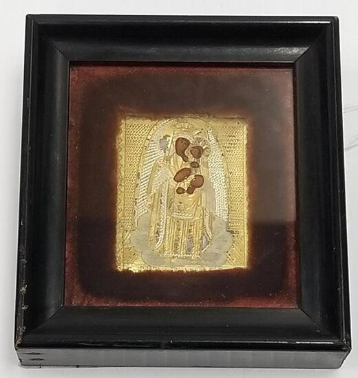 Miniature framed Russian icon 3 1/4" x 3 1/2" O.D.