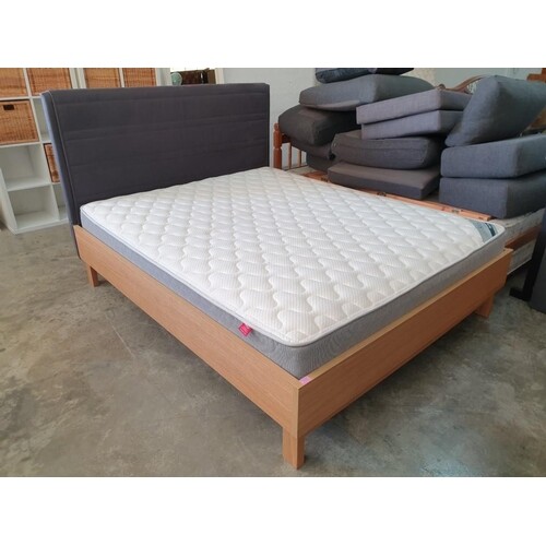 Modern Double Bed with Light Wood Surround and Grey Fabric P...